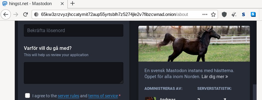 Screenshot of the Hingst.net Mastodon server being reachable over Tor using an onion service